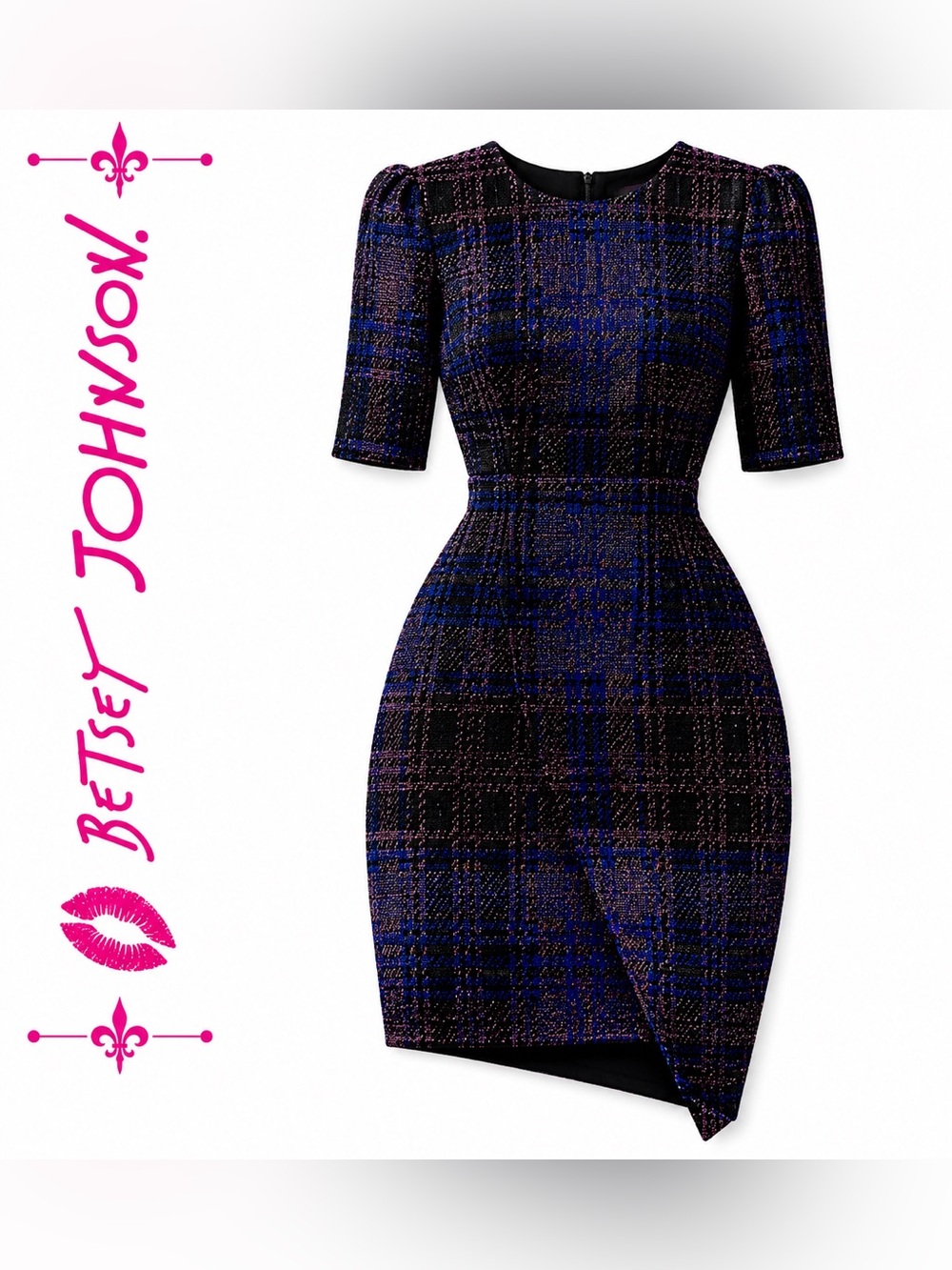 Betsey Johnson Blue Black Plaid Tulip Hem Cocktail Dress Feminine Chic